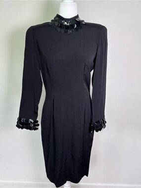 Vintage 80s BB Collections Formal Black High Neck Sheath Dress-Circle Sequins-10